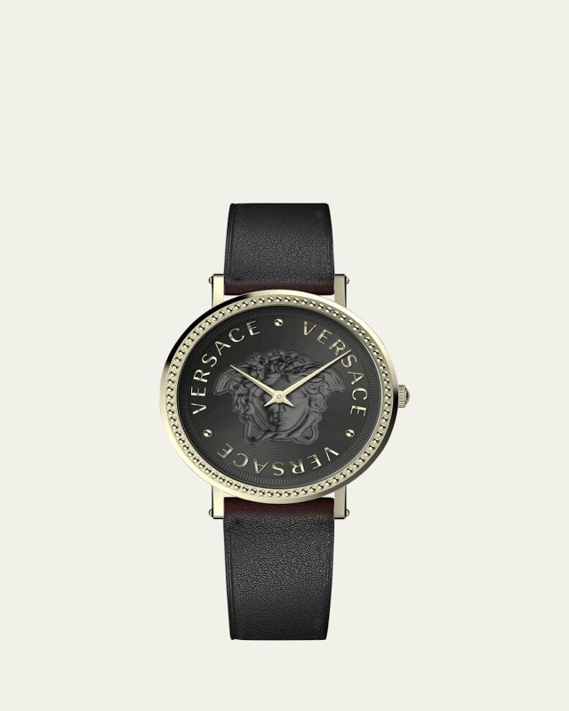 37mm V-Dollar Watch with Leather Strap, Yellow Gold/Black